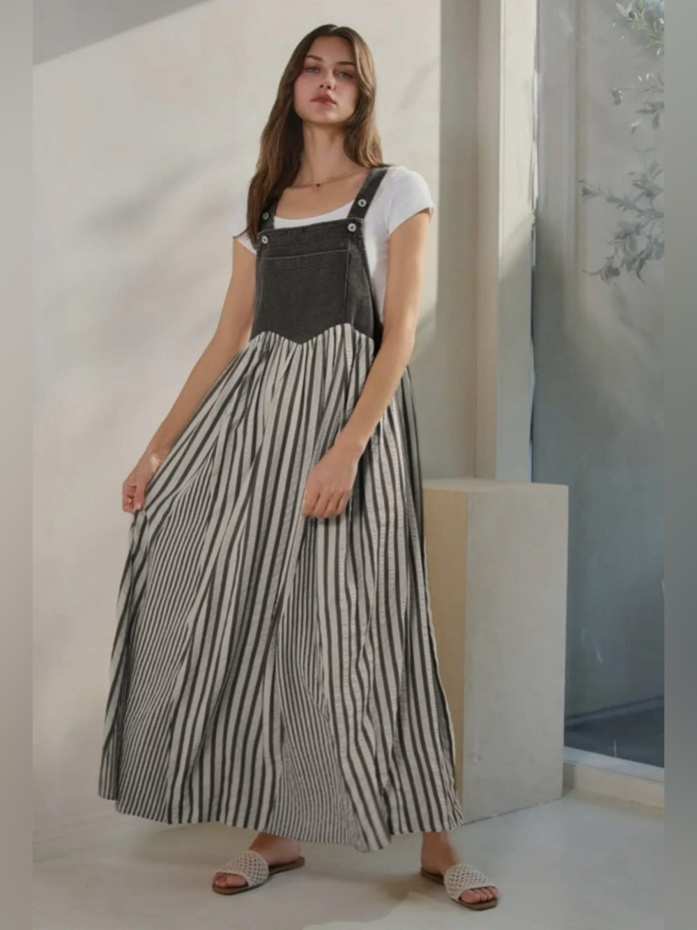 Black & Off White Overall Maxi Dress